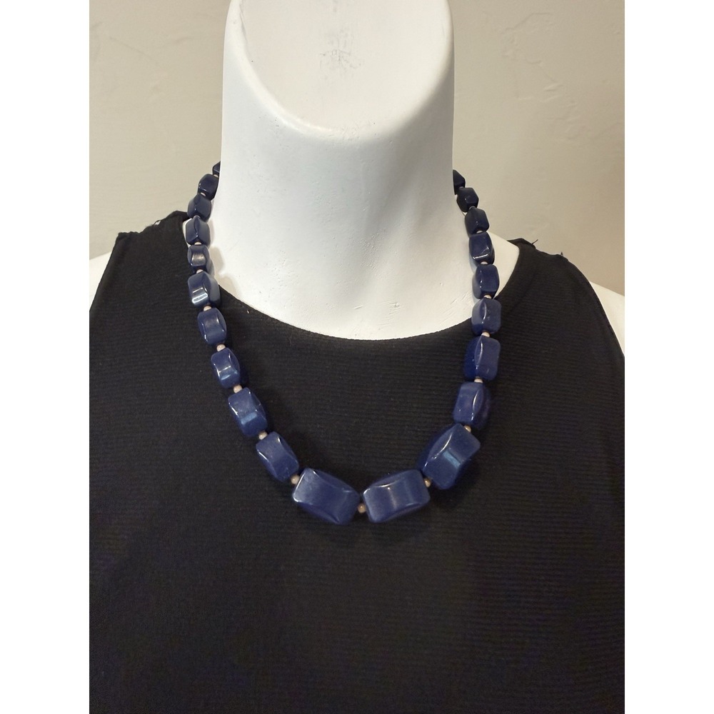 Vintage 80s Chunky Navy Blue Acrylic Block Bead Necklace 18" Retro Statement